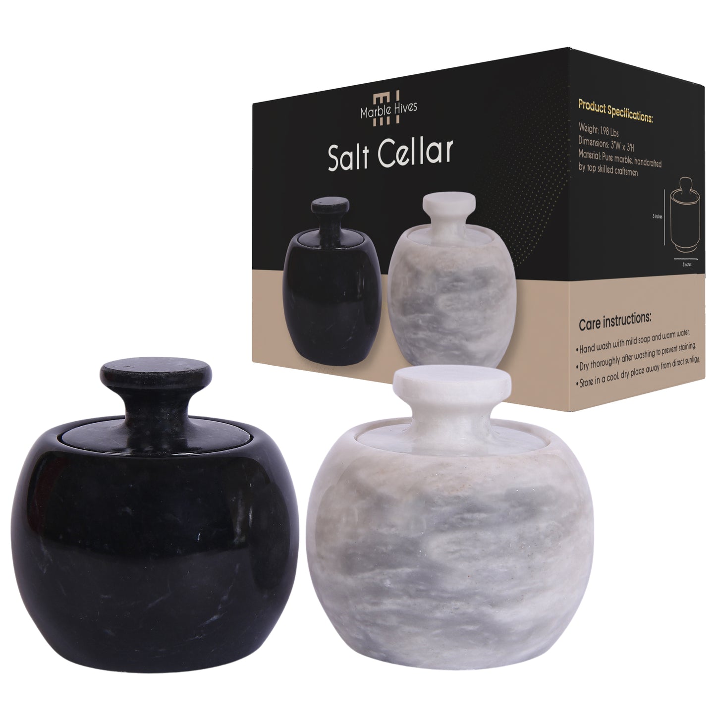 Marble Salt Cellar with Lid- Pack of 2 Marble Salt and Pepper Bowls- Salt Holder with Lid to Put Salt, Paprika, Pepper, and Spice