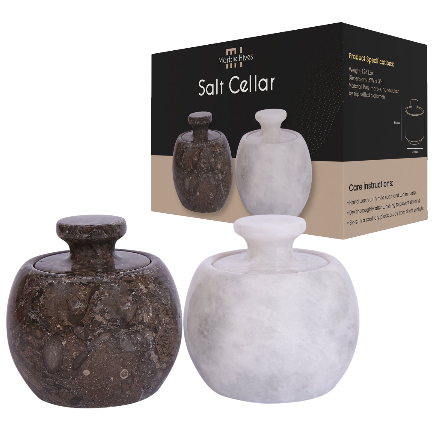 Marble Salt Cellar with Lid- Pack of 2 Marble Salt and Pepper Bowls- Salt Holder with Lid to Put Salt, Paprika, Pepper, and Spice