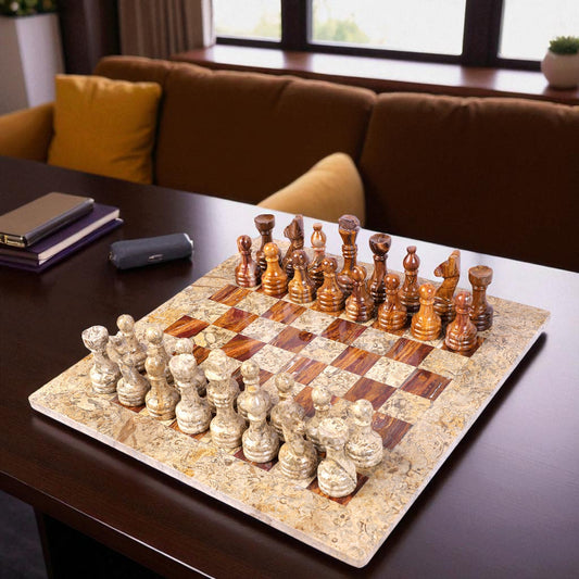 Marble HIves Luxury Handmade Marble Chess Set - Brown and Coral -12 Inch