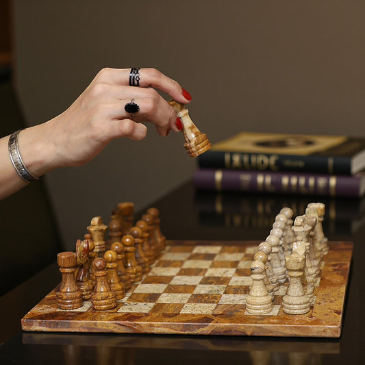 Marble Hives Luxury Handmade Marble Chess Set – Red and coral -15 Inch