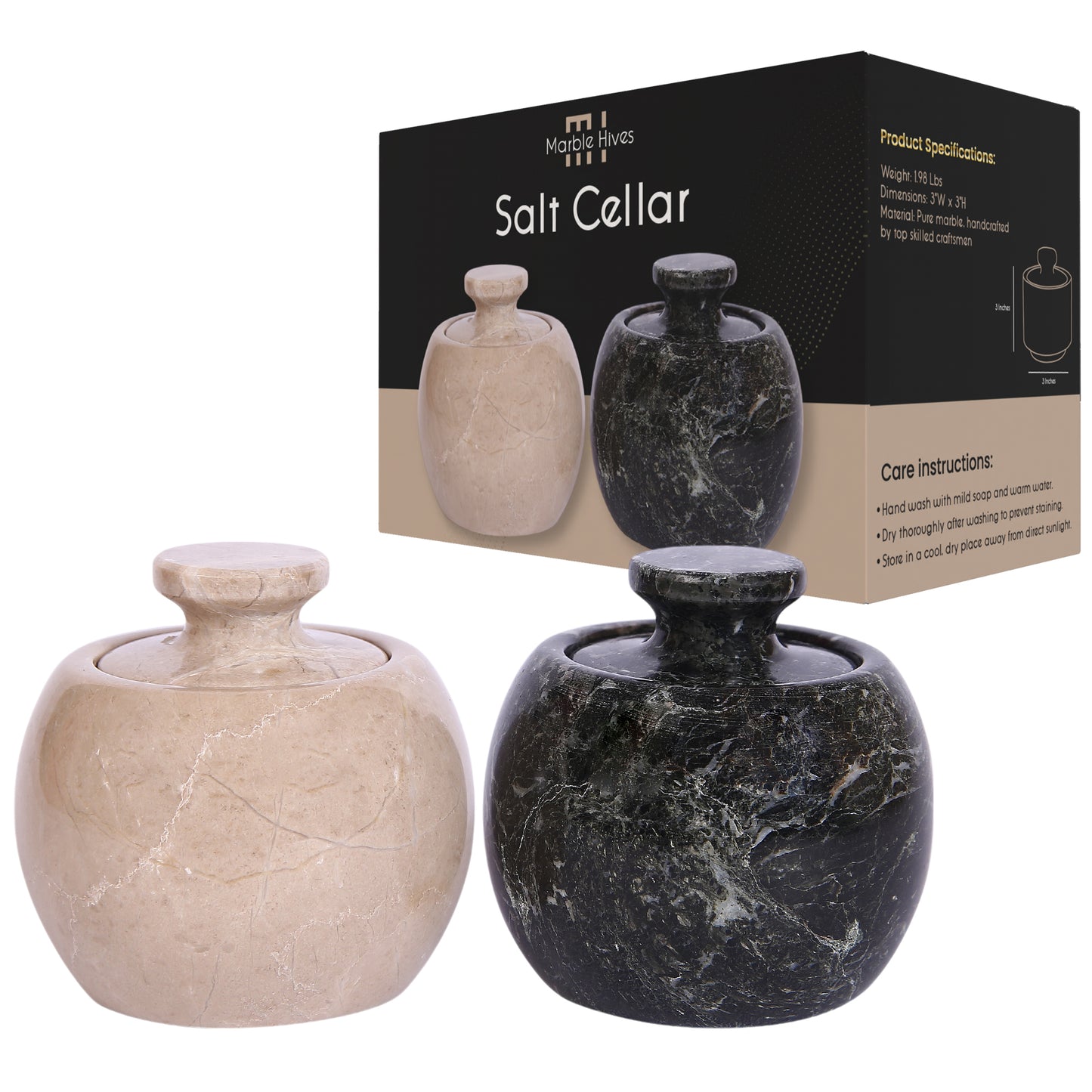 Marble Salt Cellar with Lid- Pack of 2 Marble Salt and Pepper Bowls- Salt Holder with Lid to Put Salt, Paprika, Pepper, and Spice