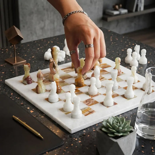 12 Inch White and Green Marble Chess Set