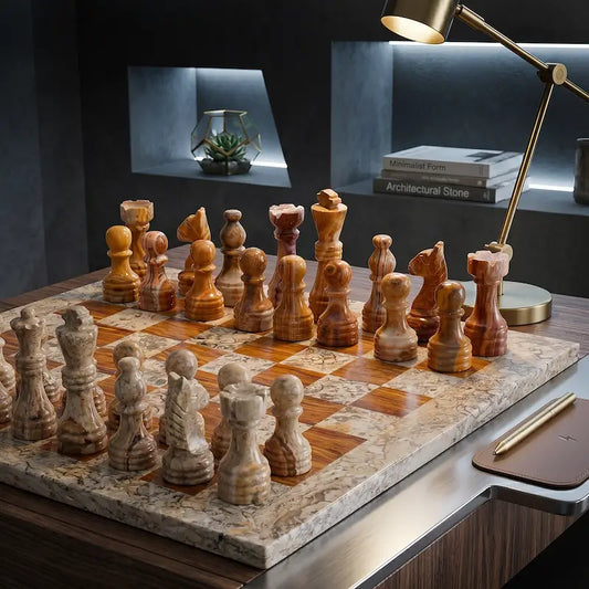 15 Inch Coral and Brown Marble Chess Set