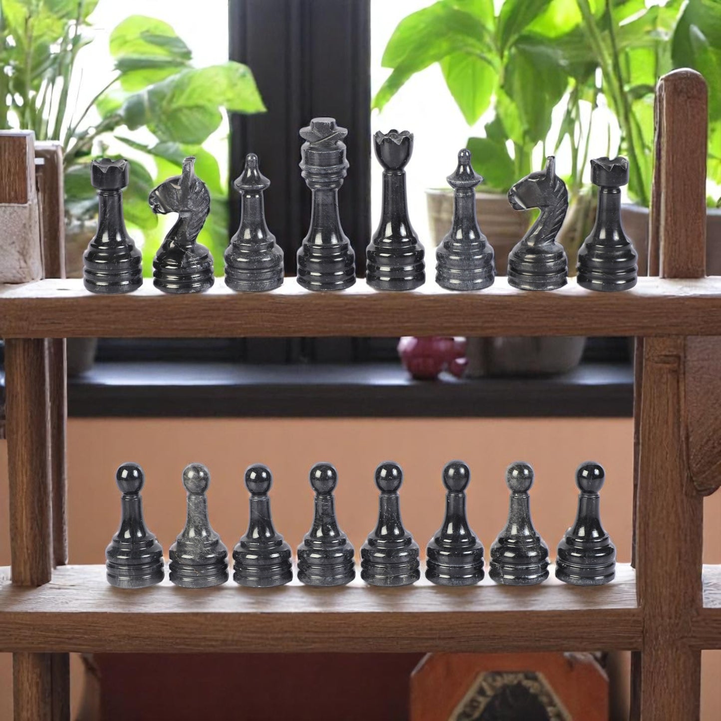 Black and Coral Marble Chess Figures