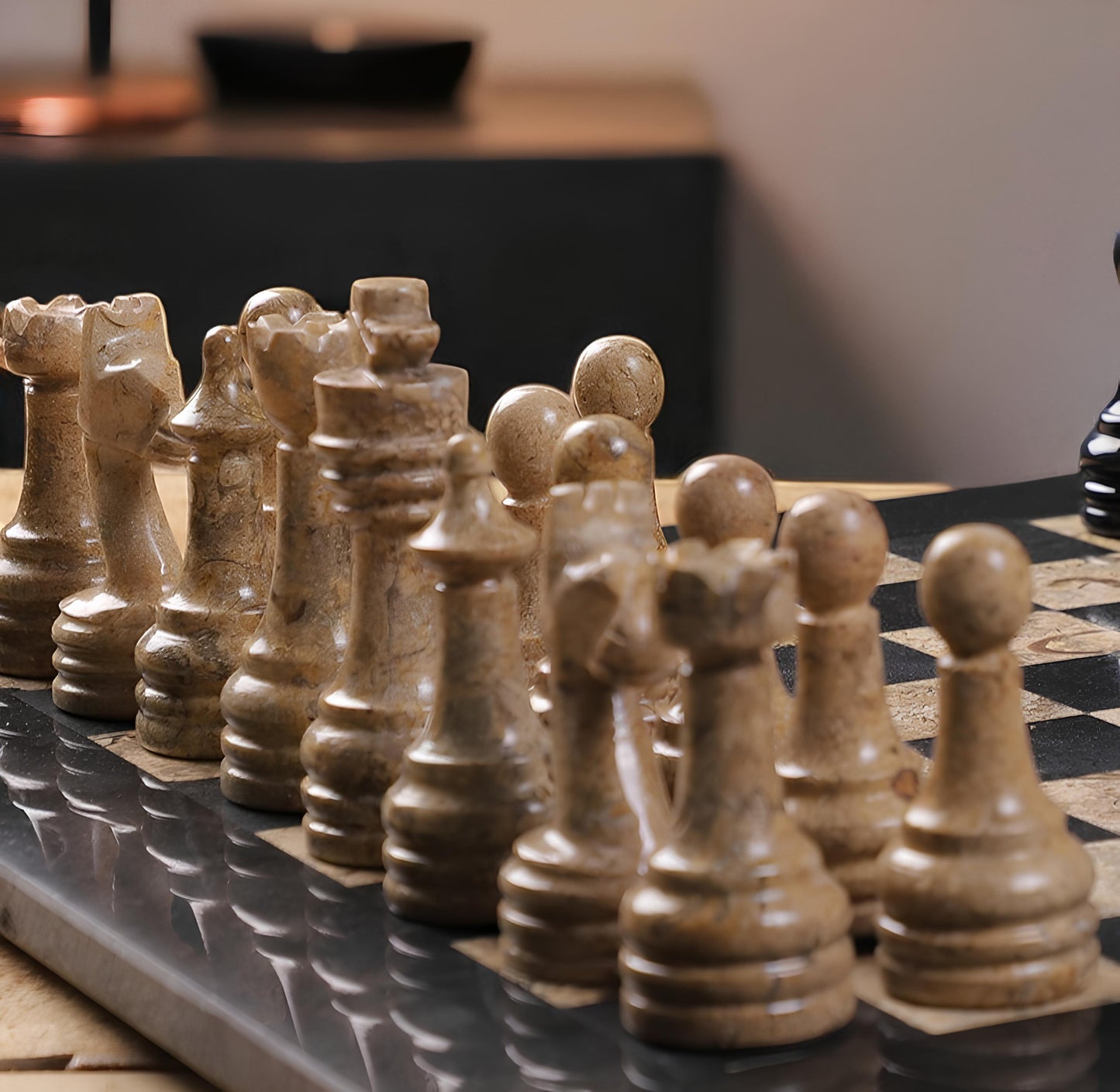 Black and Coral Marble Chess Figures