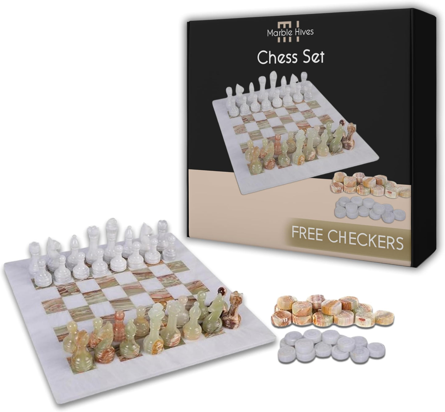 Marble Hives Luxury Handmade Marble Chess Set – White and Green -12 Inch