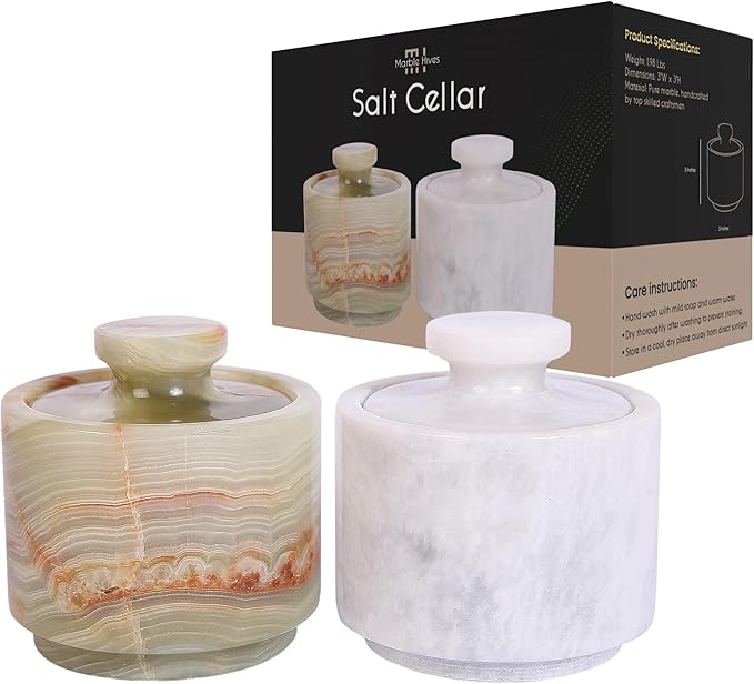 Marble Salt Cellar Set with Lid (Pack of 2) | Salt and Pepper Keeper, Spice Jar Canister Set, Sugar Container, Kitchen Organiser