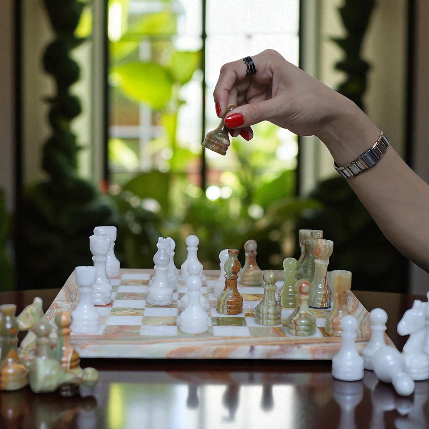 Marble Hives Luxury Handmade Marble Chess Set β Green Onyx & White -15 Inch