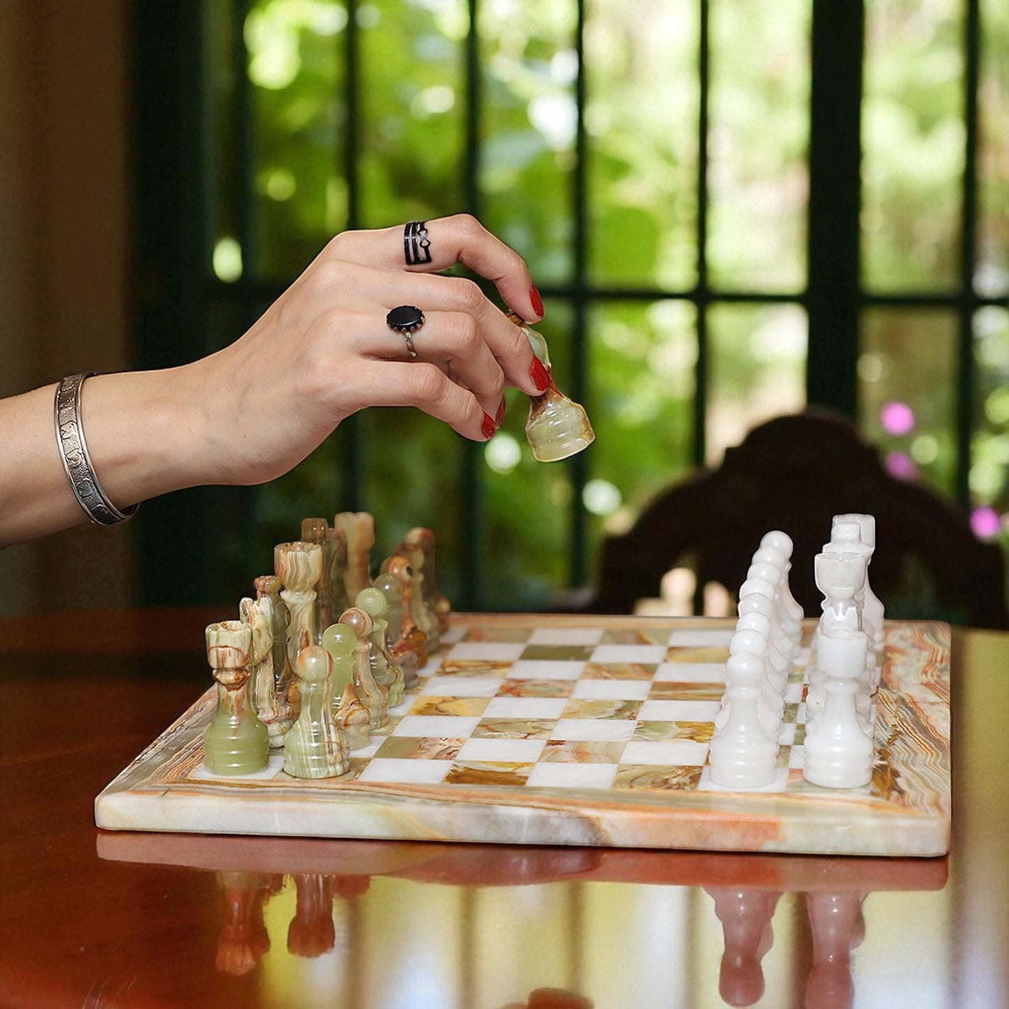 Marble Hives Luxury Handmade Marble Chess Set β Green Onyx & White -15 Inch