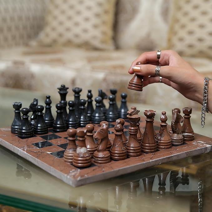 Handmade Marble Chess Set - Marina & Black (15 x 15 Inches) - Chess Sets for Adults - Premium Quality Chess Boards - Fancy Chess Boards