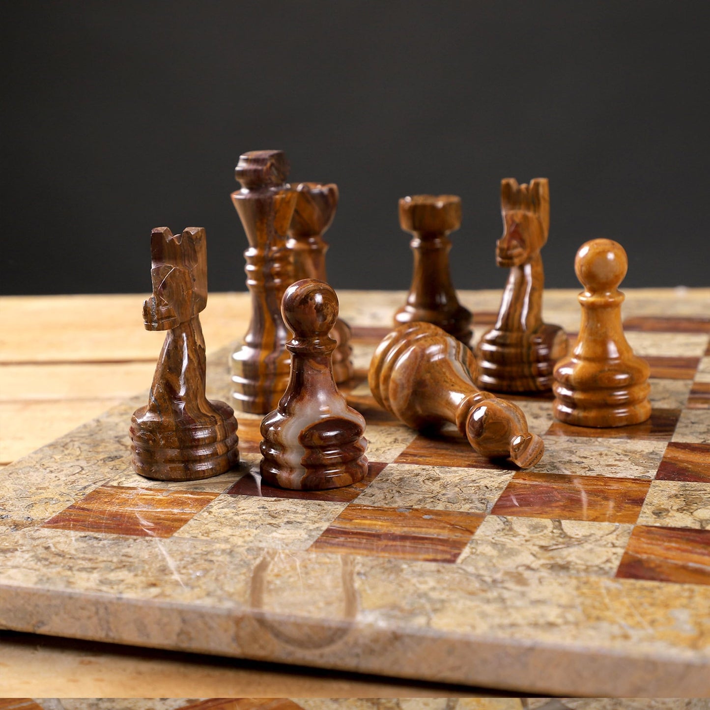 Marble HIves Luxury Handmade Marble Chess Set - Brown and Coral -12 Inch