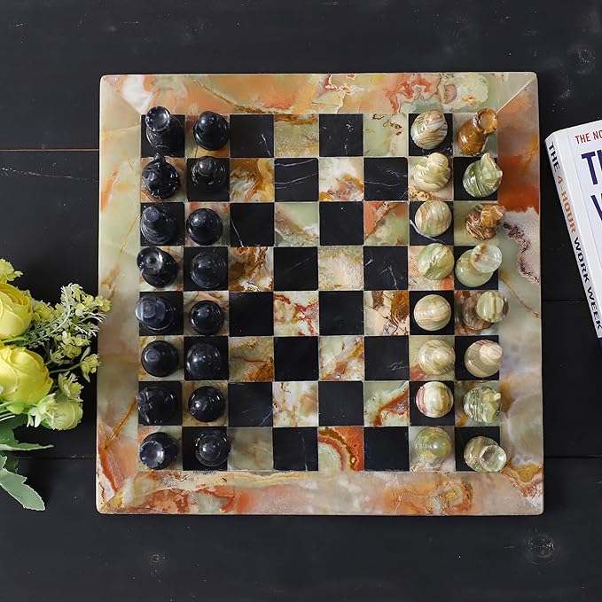 Handmade Marble Chess Set - Green & Black (15 x 15 Inches) - Chess Sets for Adults - Premium Quality Chess Boards - Aesthetic Chess Boards
