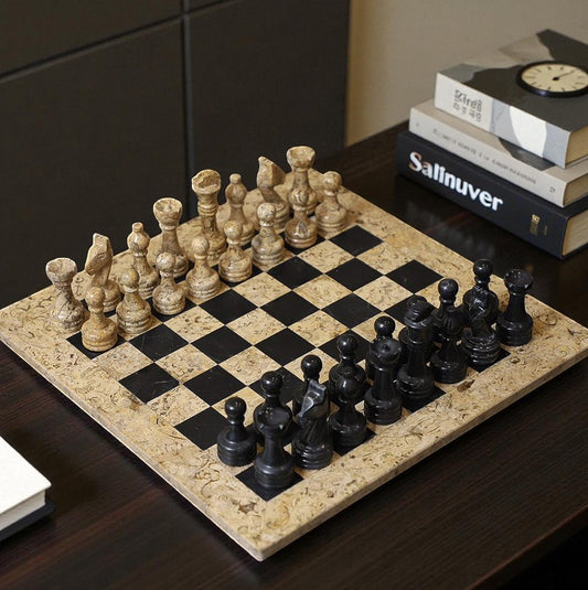 Coral and Black Handmade Marble Chess Set