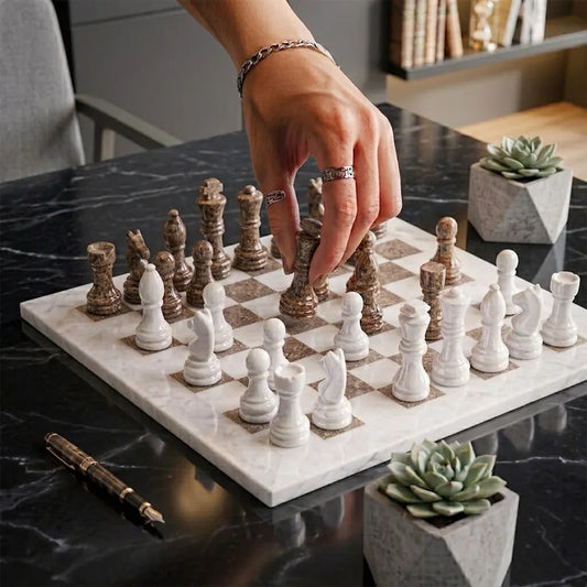12 Inch White & Oceanic Grey Marble Chess Set