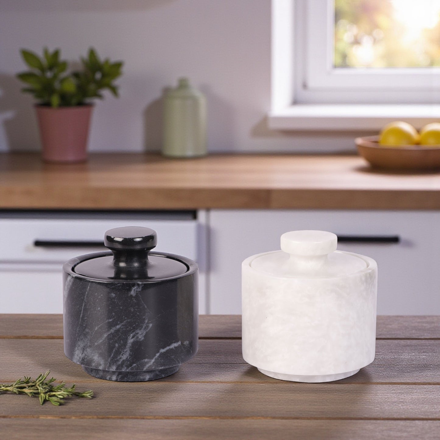 Marble Salt Cellar Set with Lid (Pack of 2) White and Black Zebra