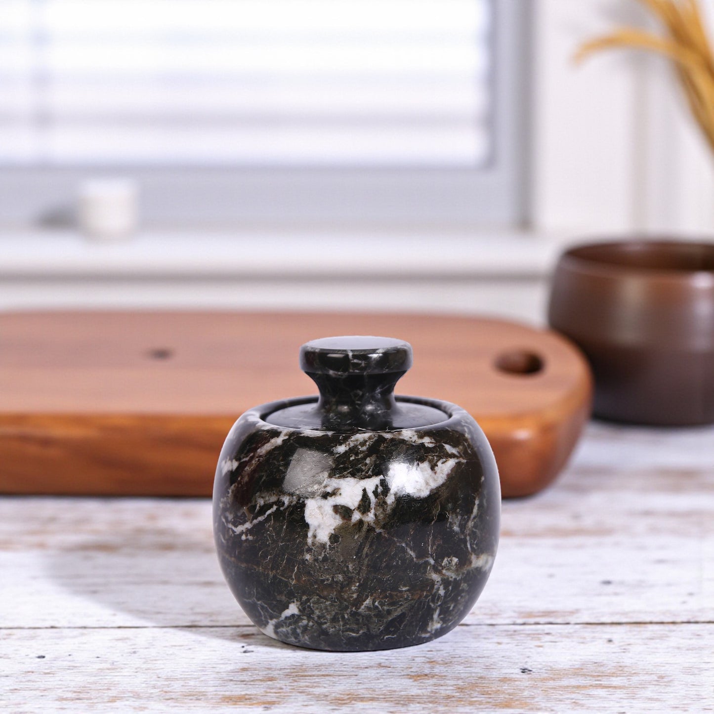Marble Salt Cellar with Lid- Pack of 2 White and Black Zebra