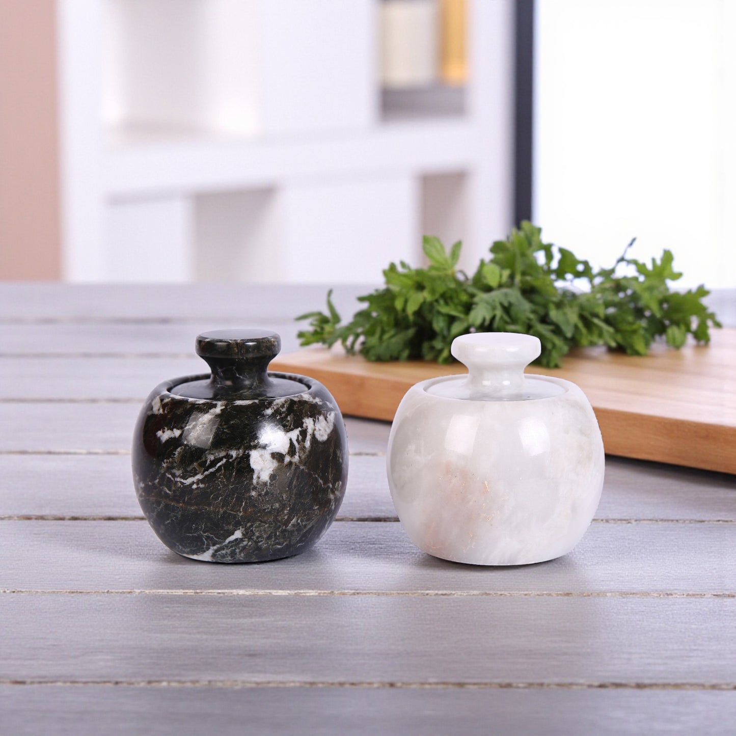 Marble Salt Cellar with Lid- Pack of 2 White and Black Zebra