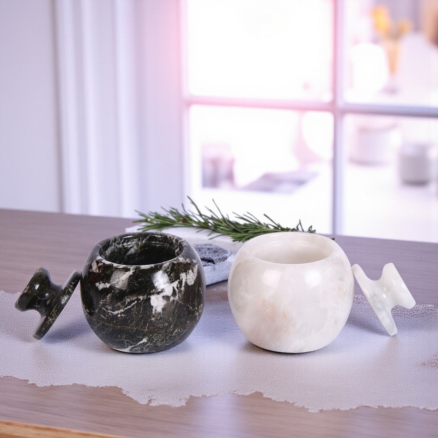 Marble Salt Cellar with Lid- Pack of 2 White and Black Zebra
