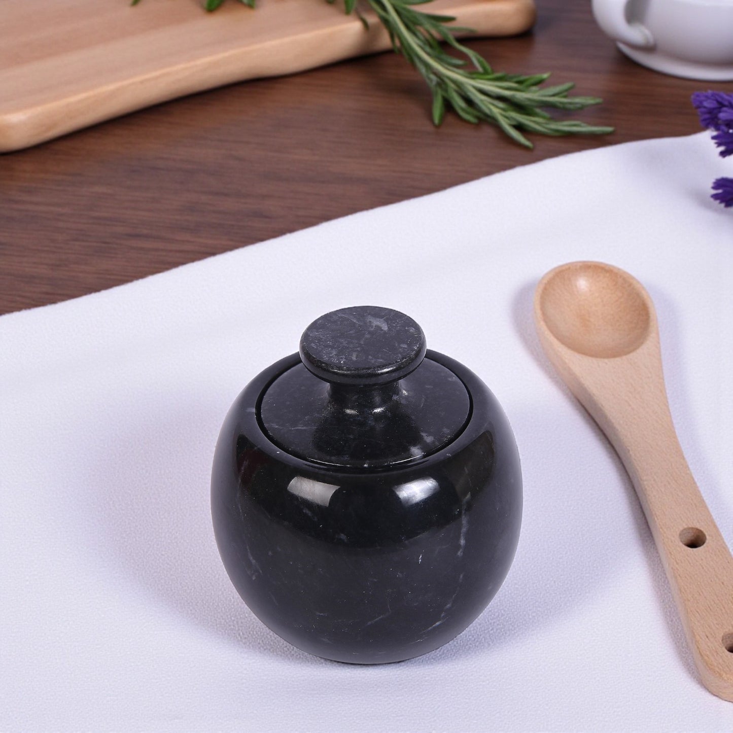 Marble Salt Cellar with Lid- Pack of 2 White and Black