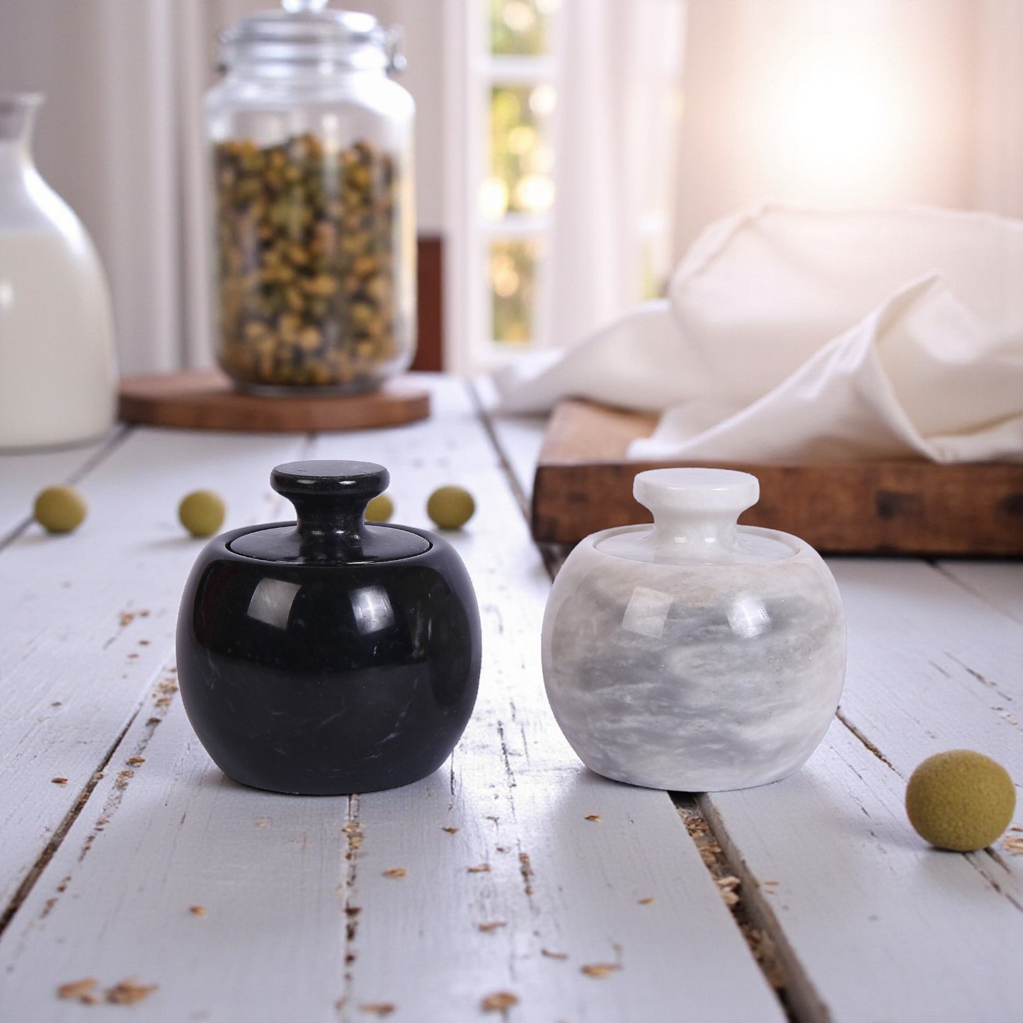 Marble Salt Cellar with Lid- Pack of 2 White and Black