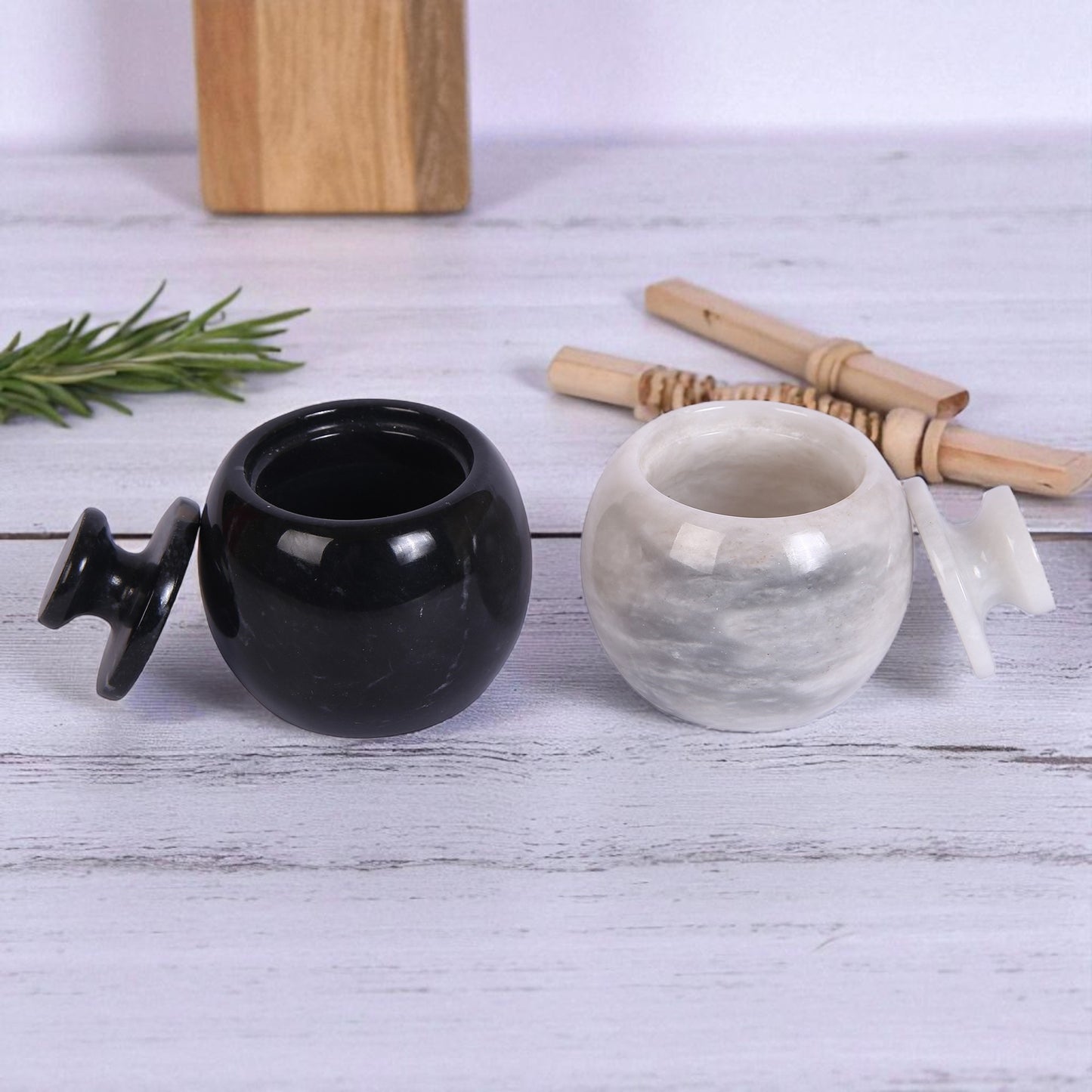 Marble Salt Cellar with Lid- Pack of 2 White and Black