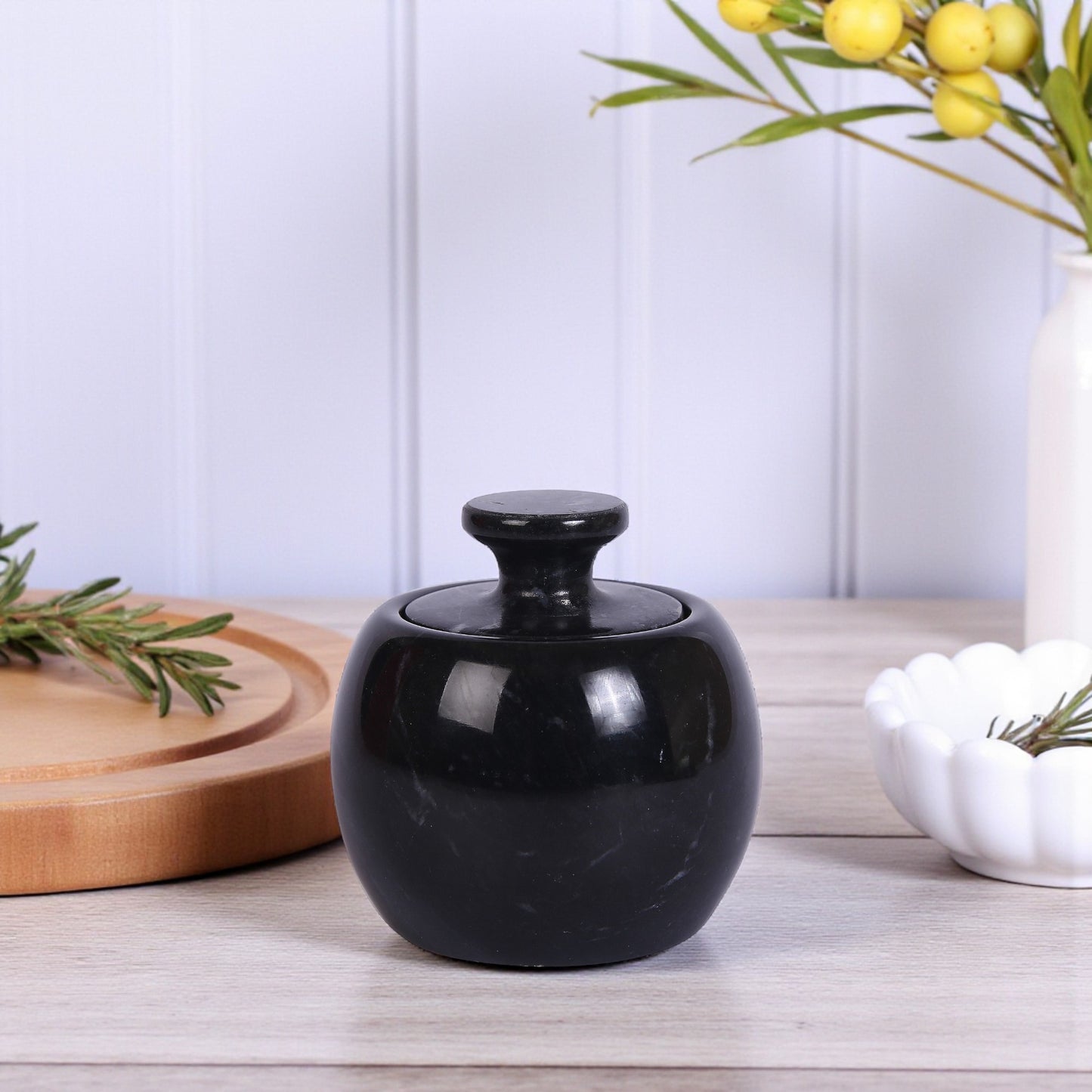 Marble Salt Cellar with Lid- Pack of 2 Black and Onyx