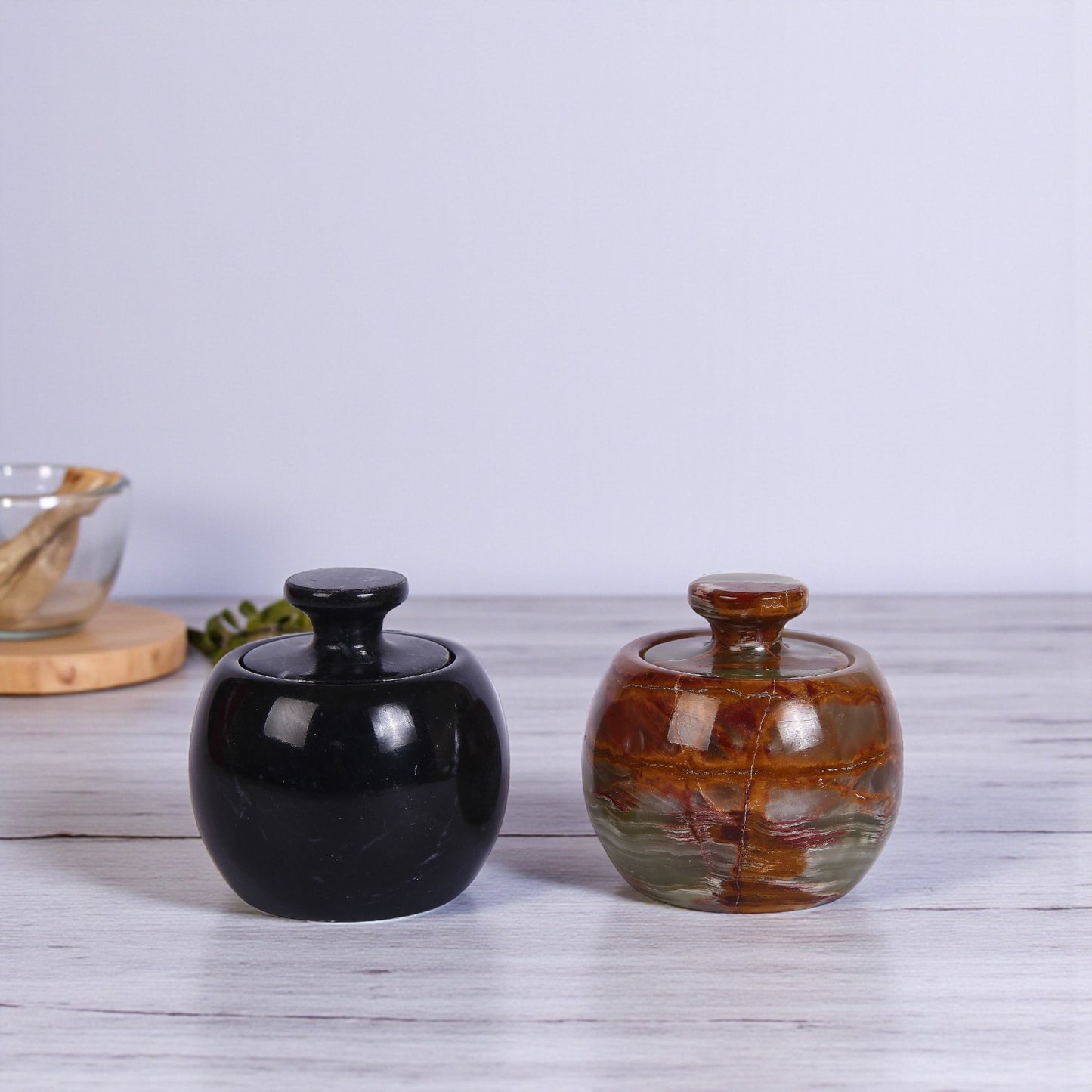 Marble Salt Cellar with Lid- Pack of 2 Black and Onyx