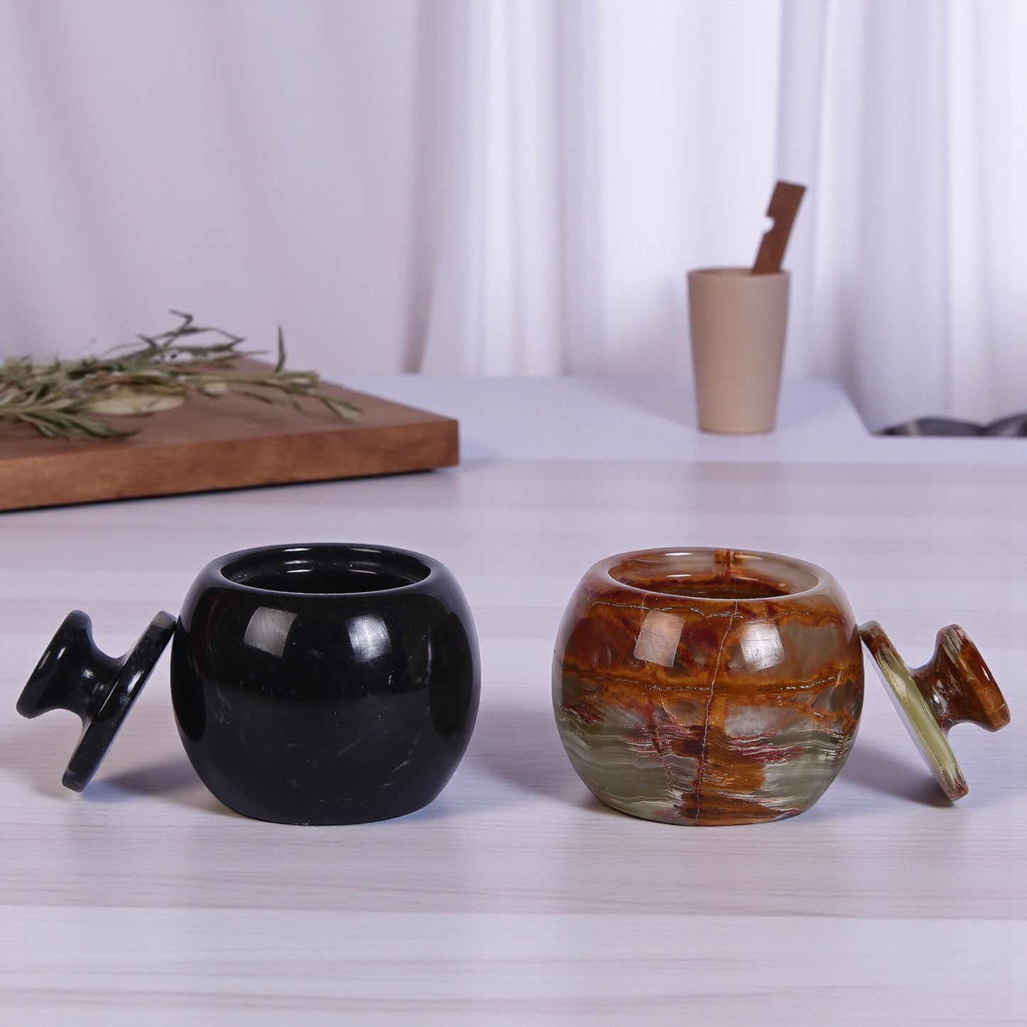 Marble Salt Cellar with Lid- Pack of 2 Black and Onyx