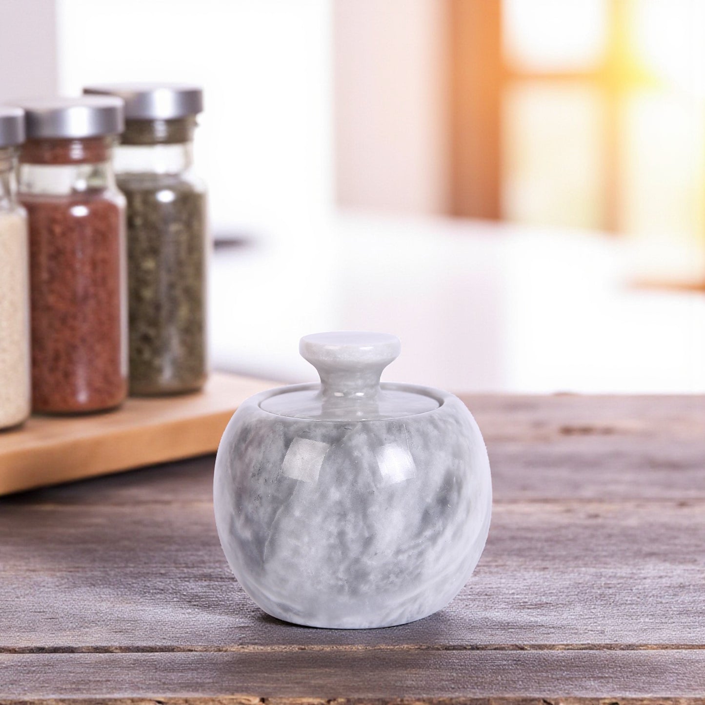 Marble Salt Cellar with Lid- Pack of 2 Sunny Grey and Onyx