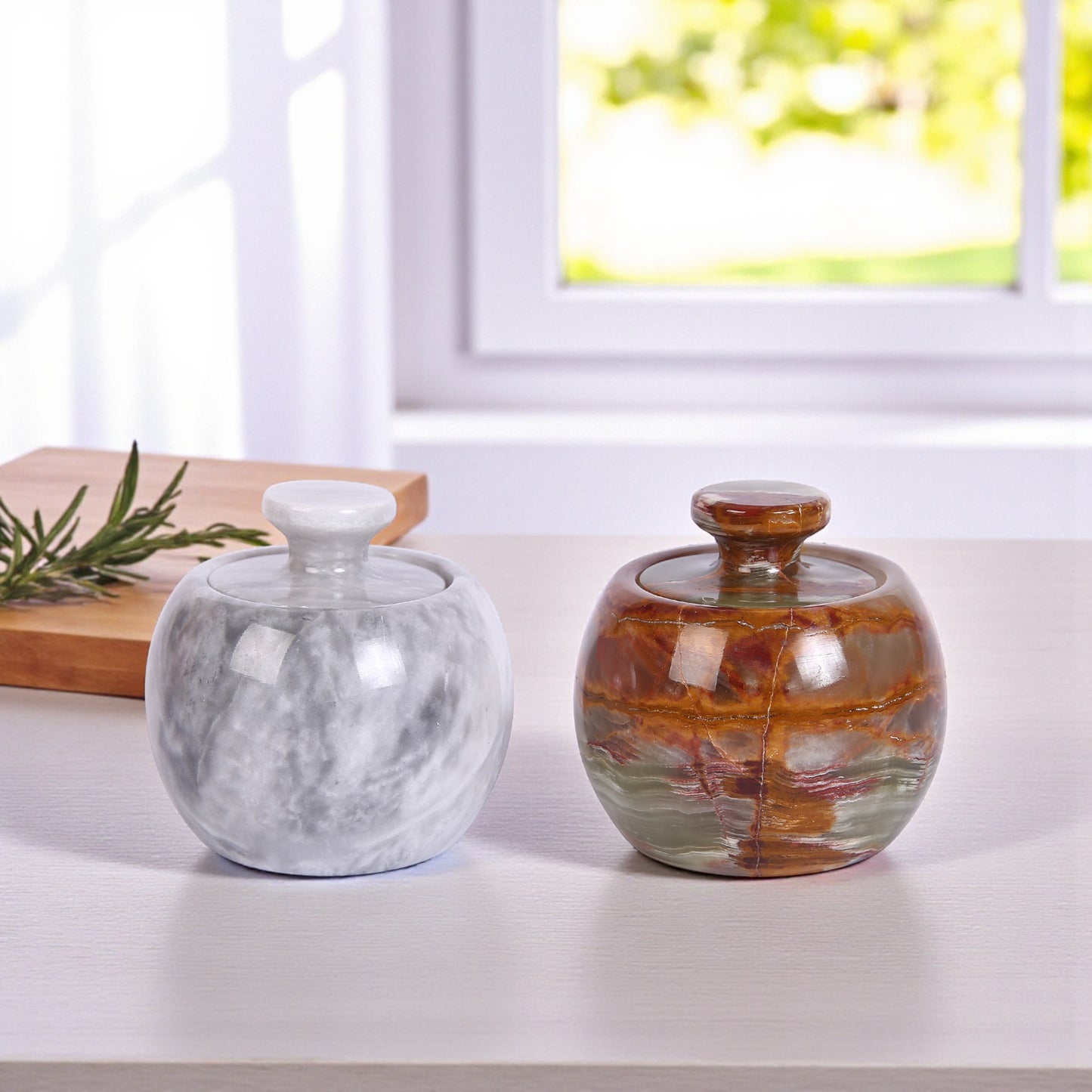 Marble Salt Cellar with Lid- Pack of 2 Sunny Grey and Onyx