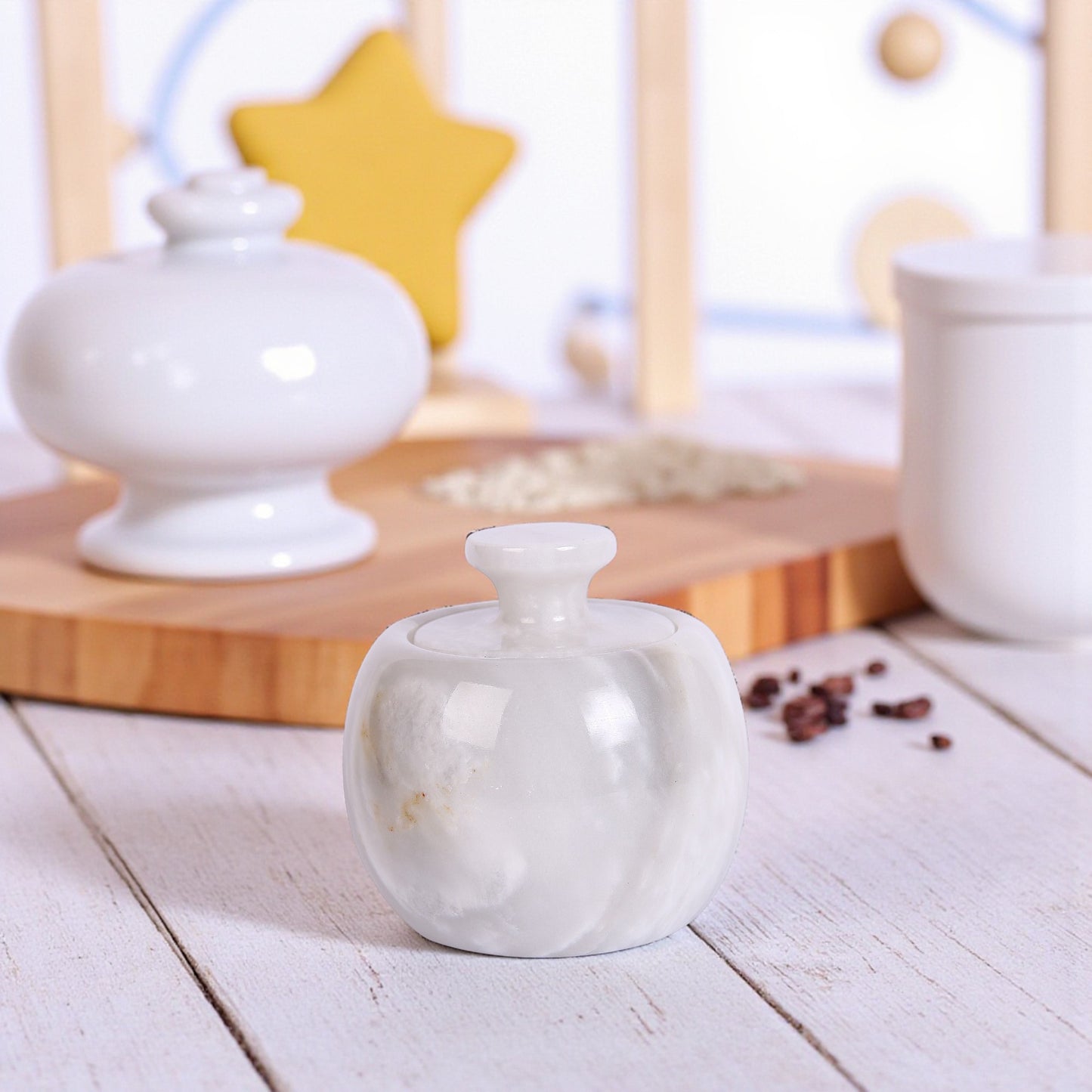 Marble Salt Cellar with Lid- Pack of 2 White and Green