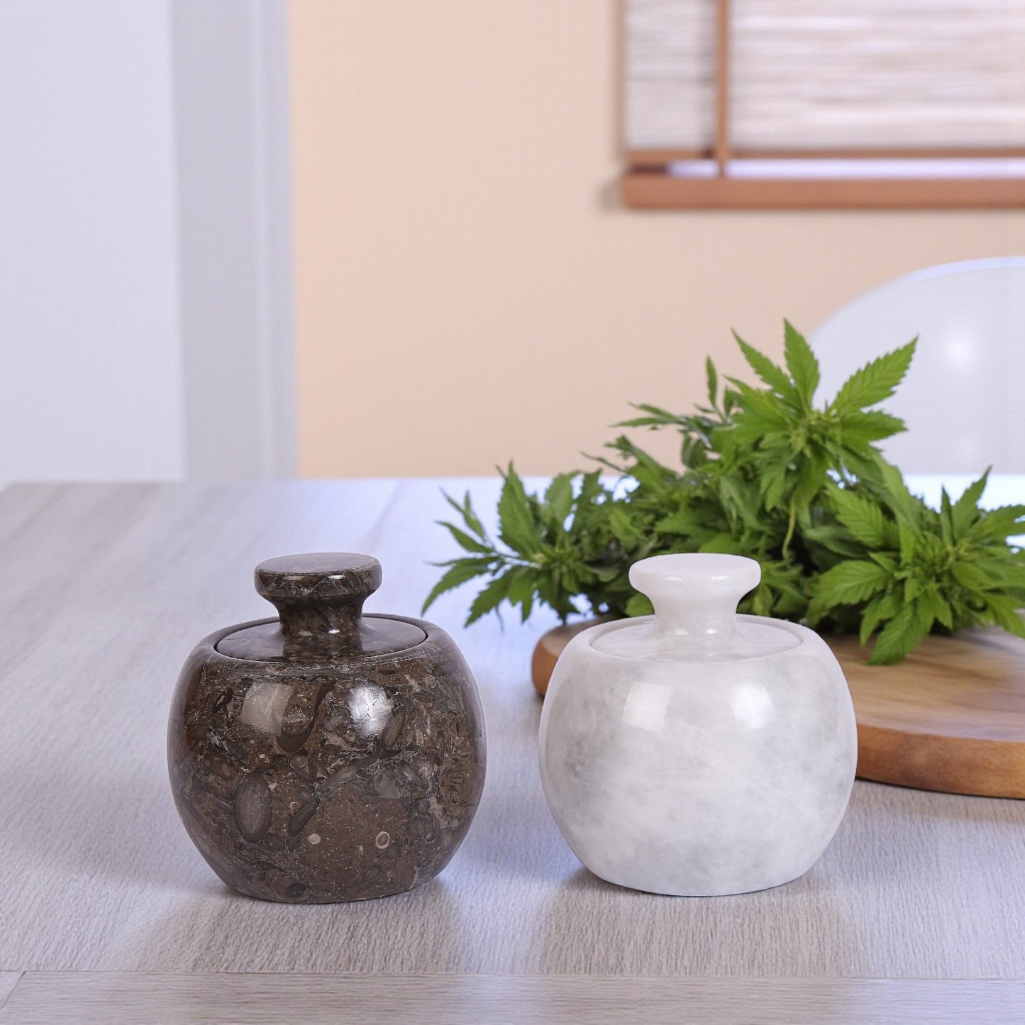Marble Salt Cellar with Lid- Pack of 2 White and Grey