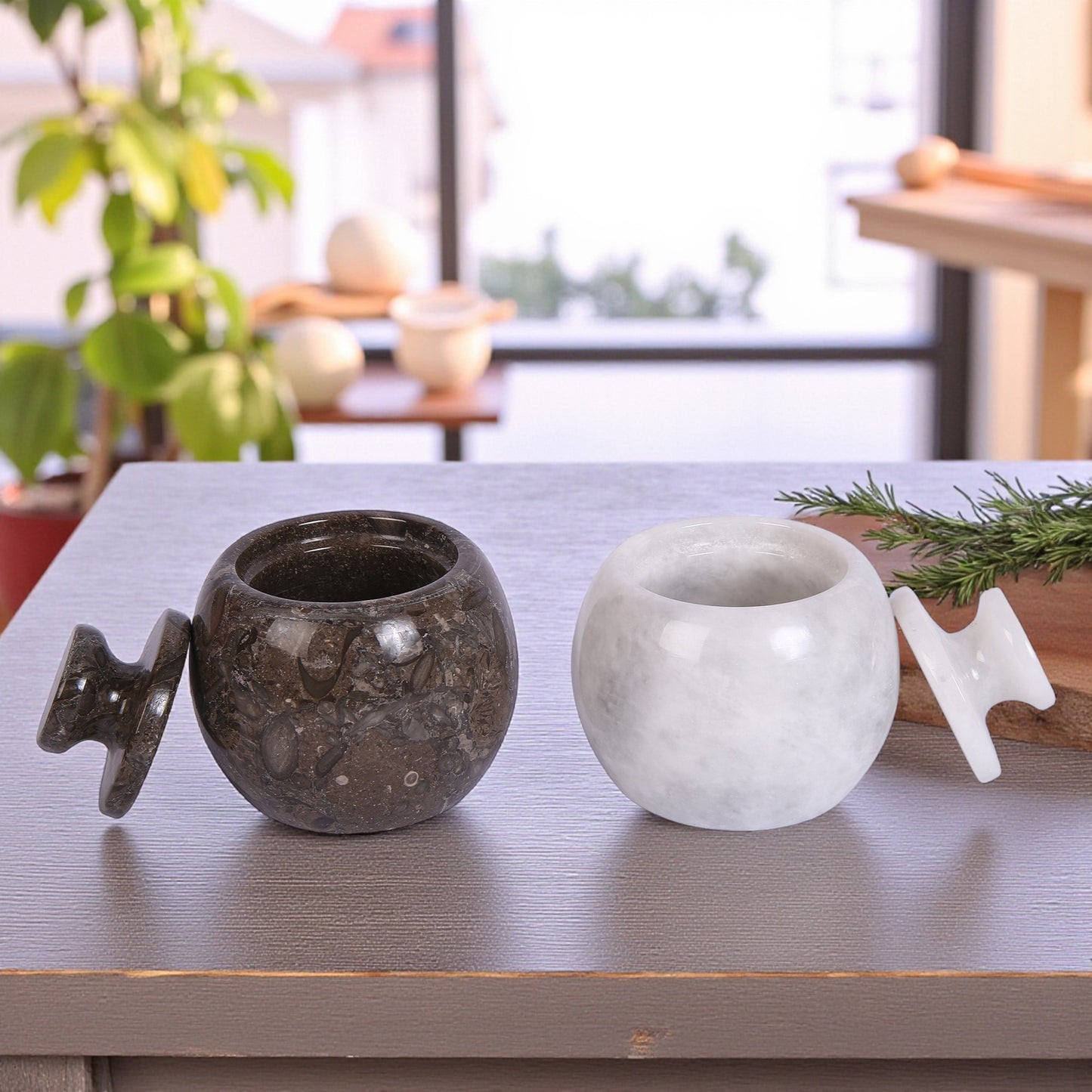 Marble Salt Cellar with Lid- Pack of 2 White and Grey
