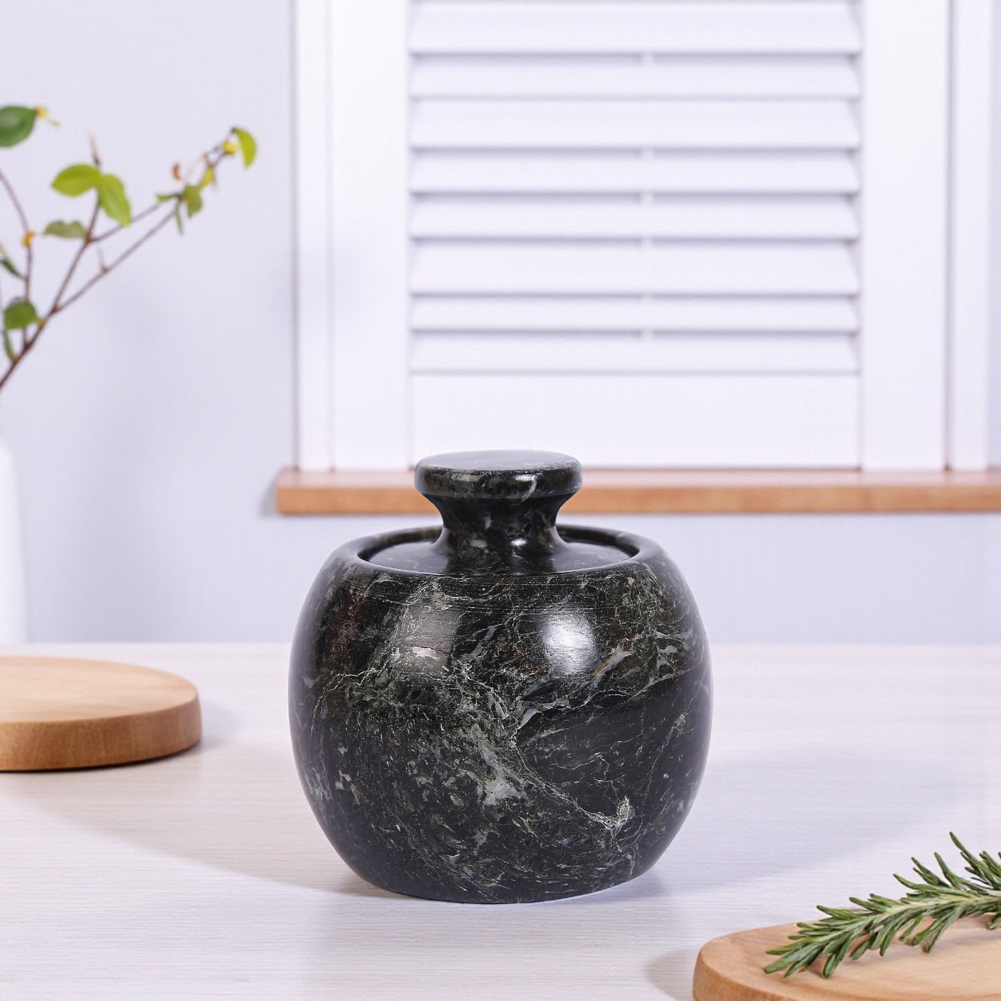 Marble Salt Cellar with Lid- Pack of 2 Beige and Black Zebra