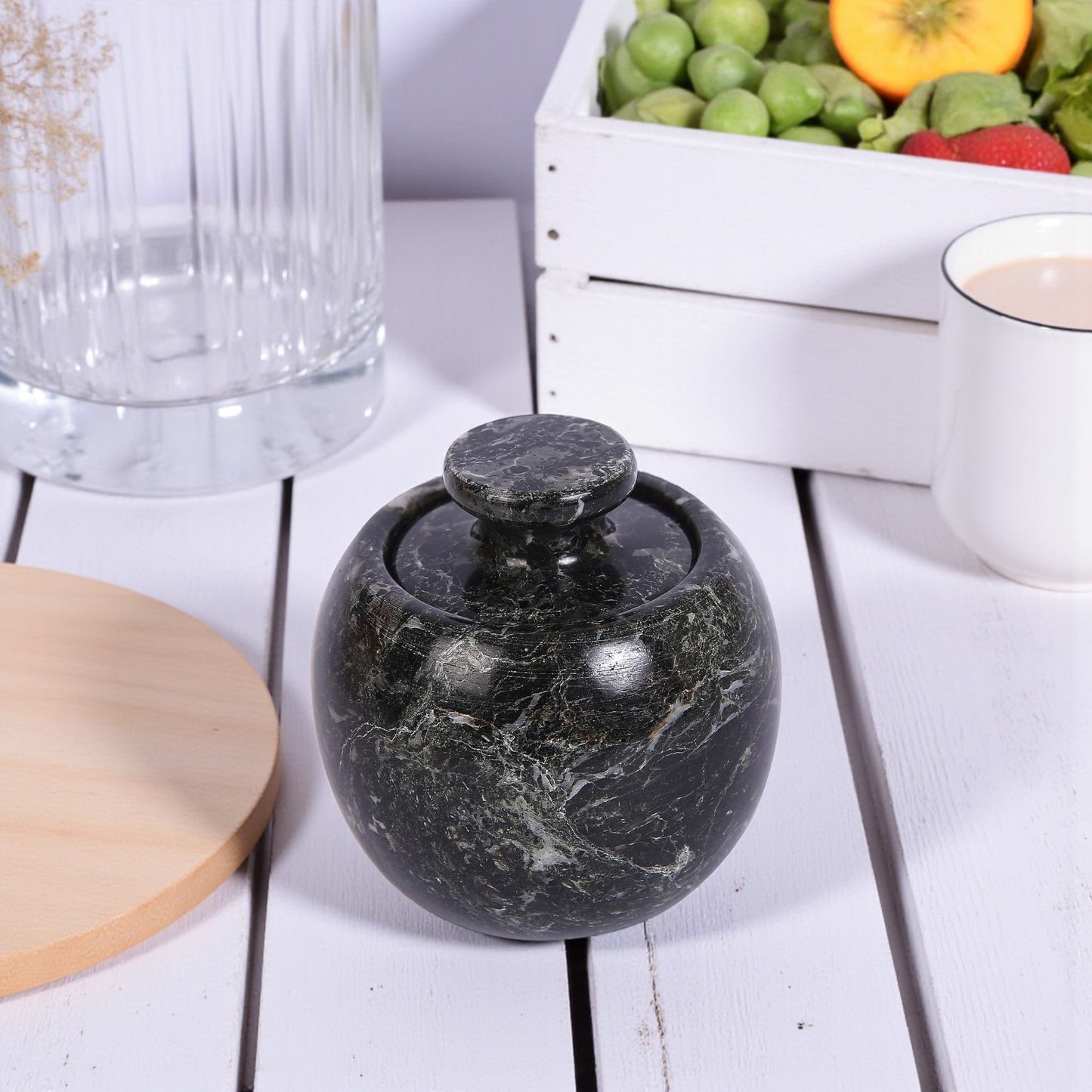 Marble Salt Cellar with Lid- Pack of 2 Beige and Black Zebra