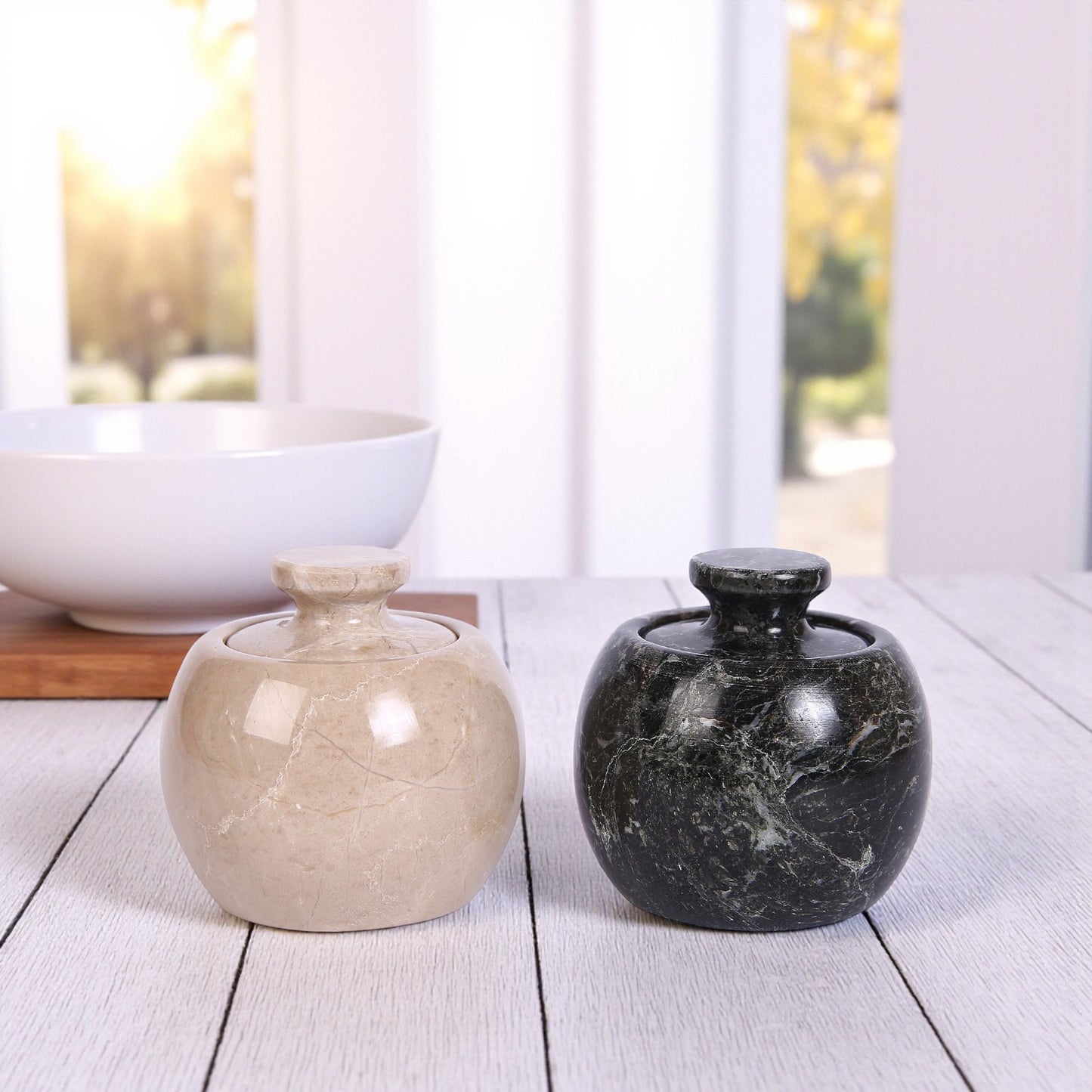 Marble Salt Cellar with Lid- Pack of 2 Beige and Black Zebra