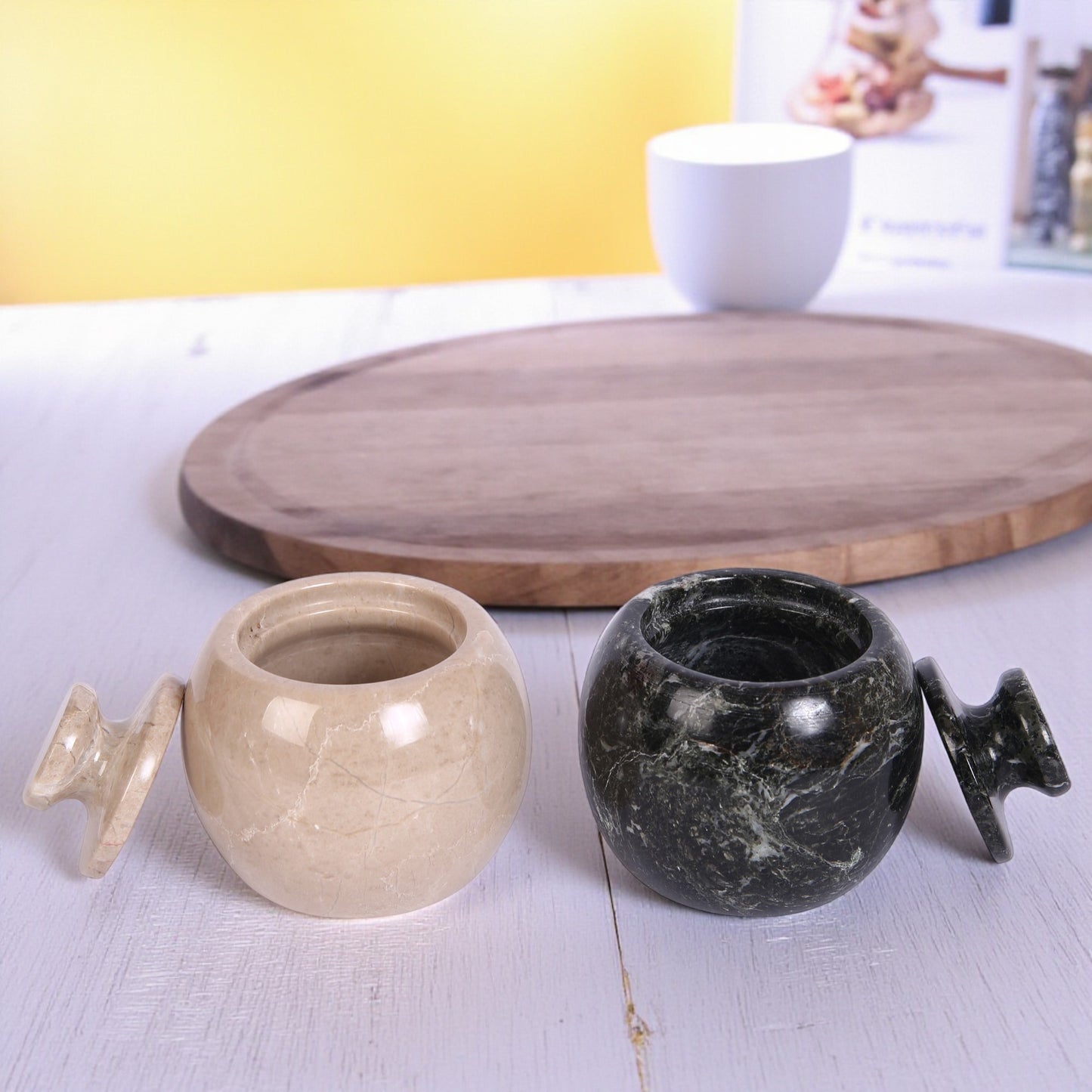 Marble Salt Cellar with Lid- Pack of 2 Beige and Black Zebra