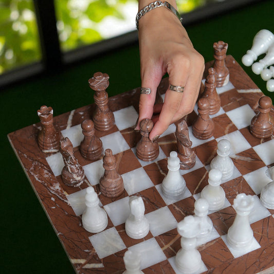 Marble Hives Luxury Handmade Marble Chess Set -Brown and Coral -12 Inch
