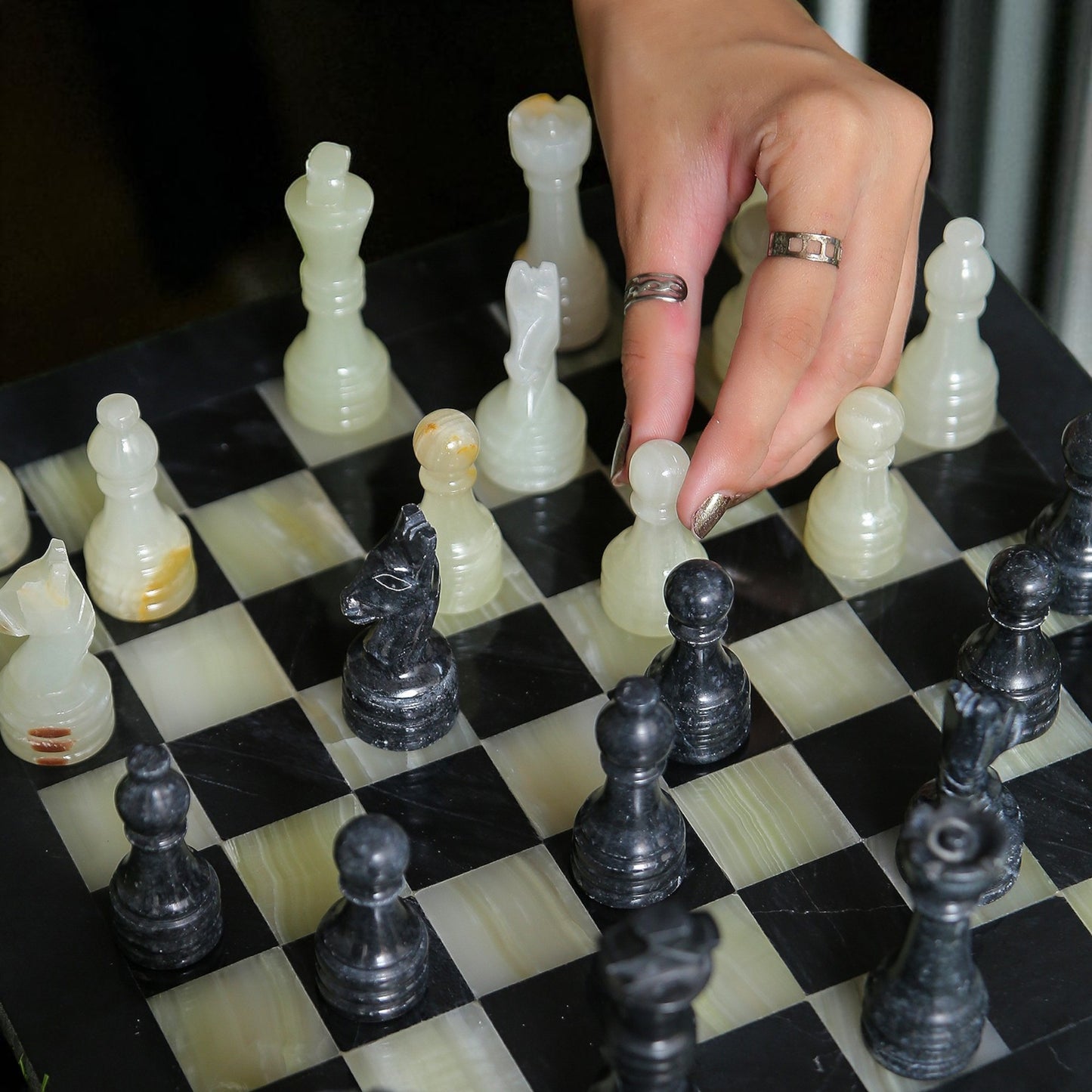 Marble Hives Luxury Handmade Marble Chess Set β Black & Onyx -15 Inch