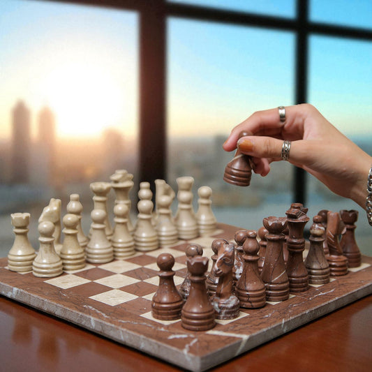 Marble Hives Luxury Handmade Marble Chess Set - Marina and Beige -12 Inch