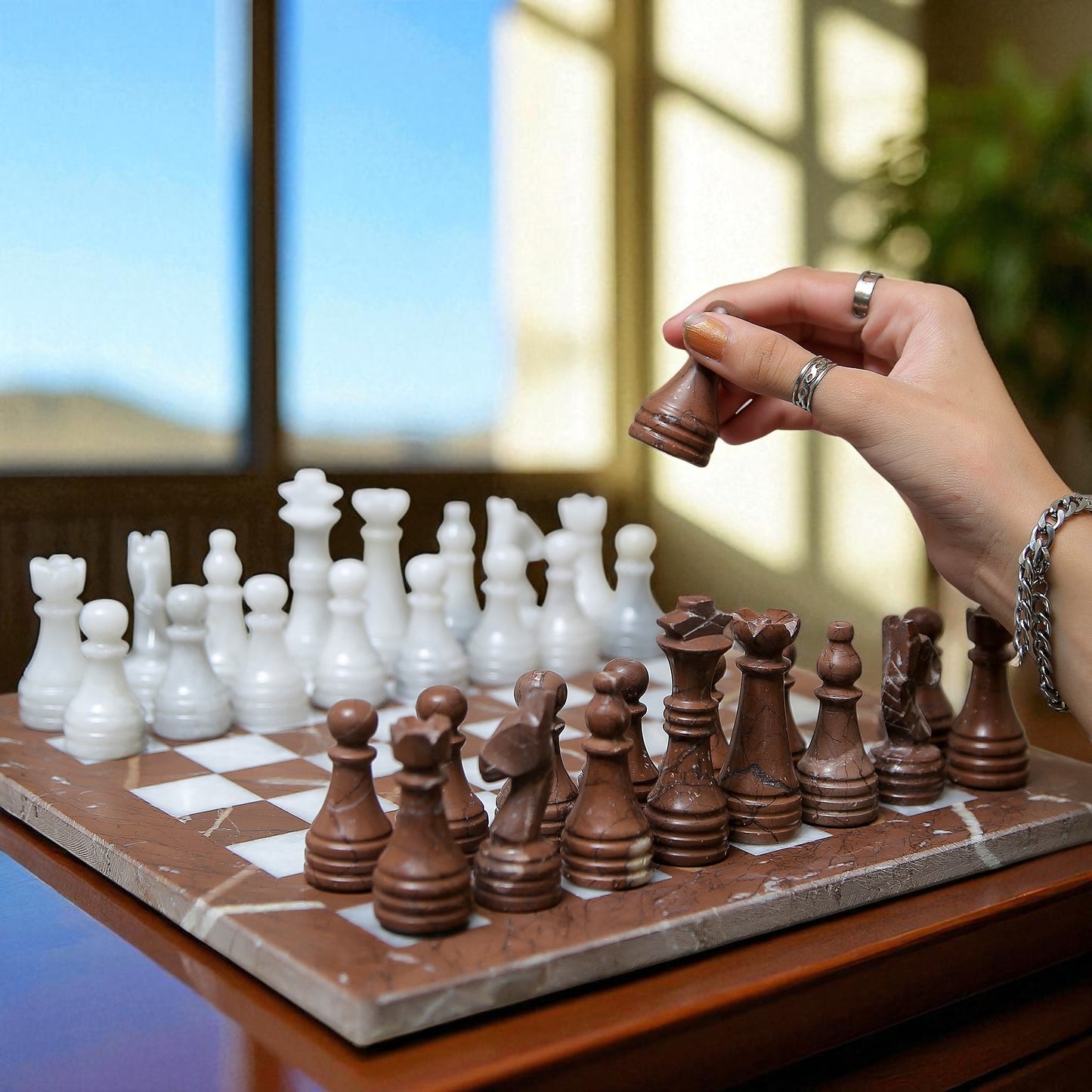Marble Hives Luxury Handmade Marble Chess Set -Brown and Coral -12 Inch