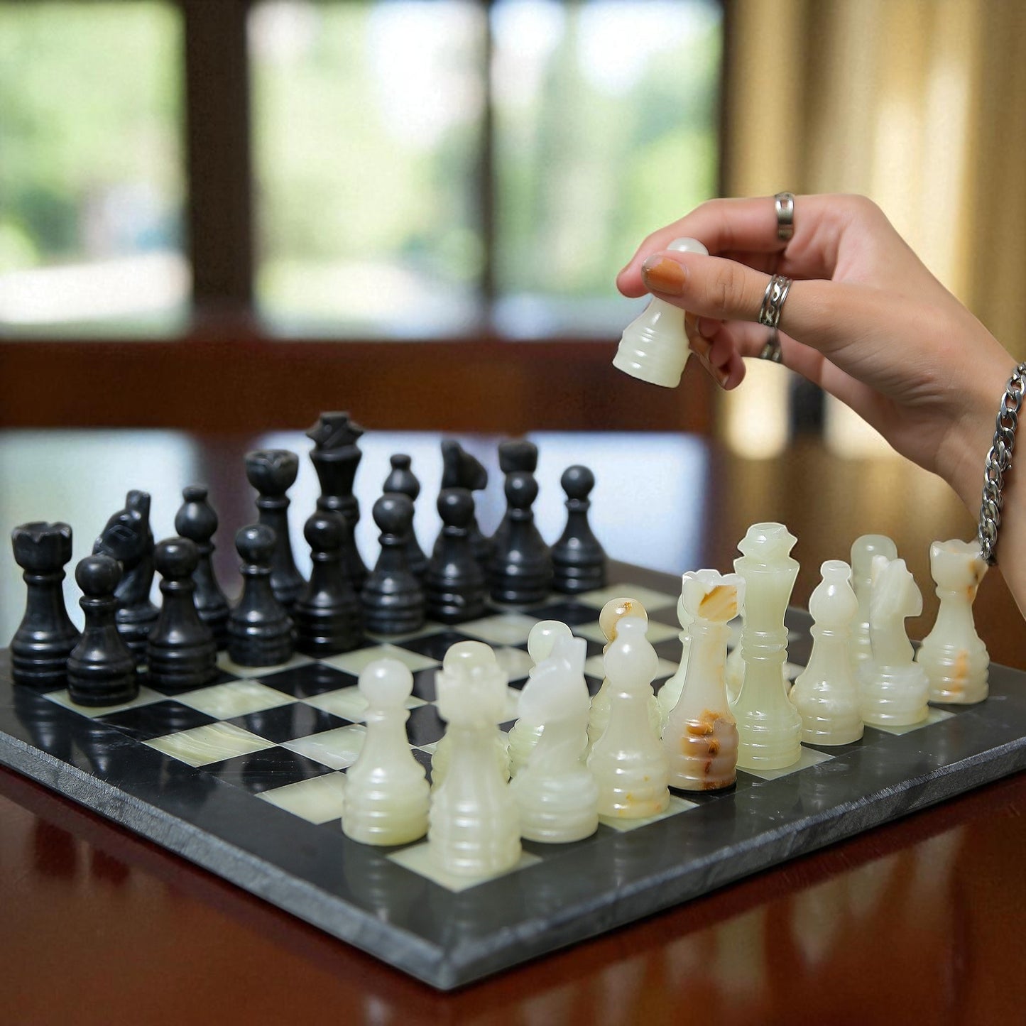 Marble Hives Luxury Handmade Marble Chess Set β Black & Onyx -15 Inch