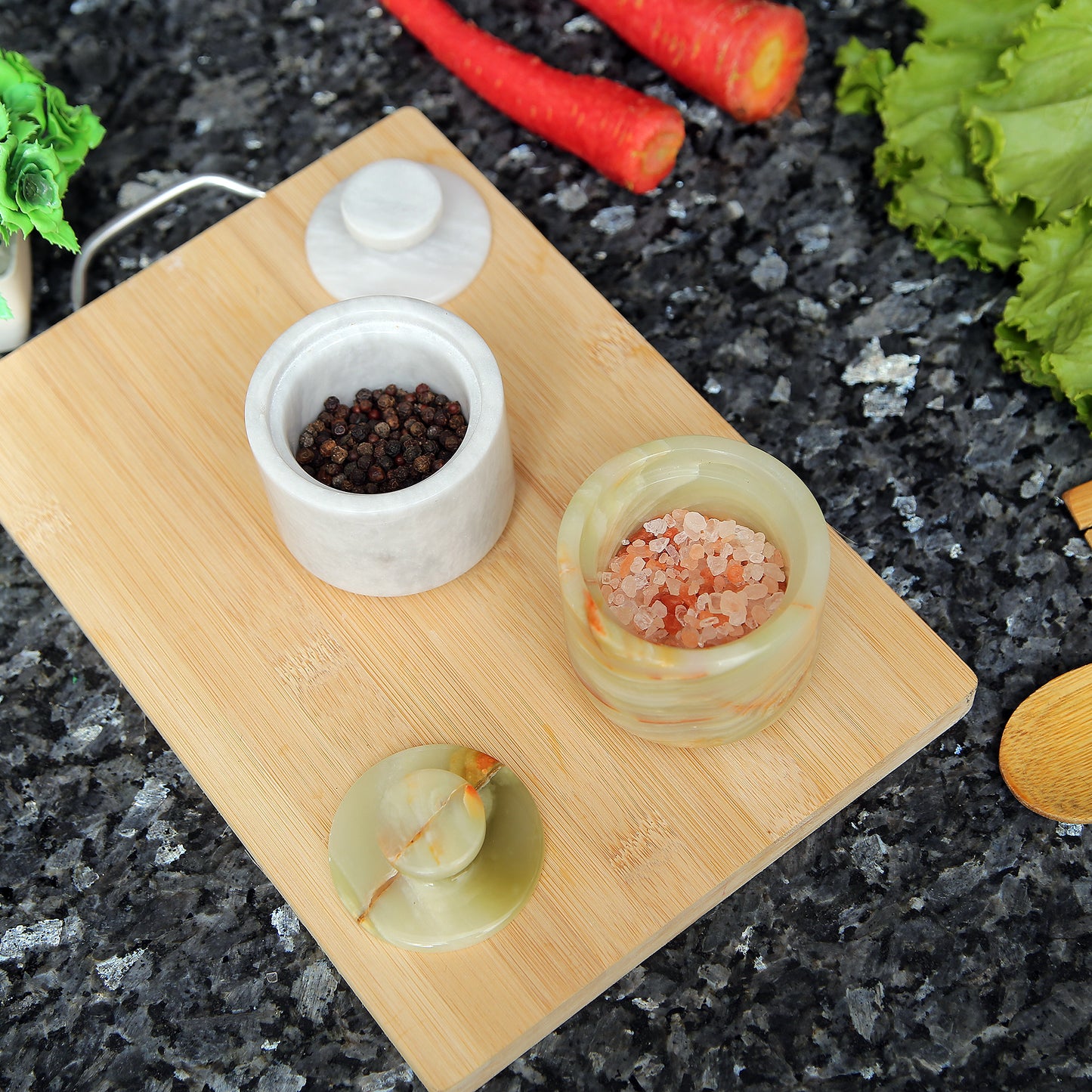 Marble Salt Cellar with Lid- Pack of 2 Marble Salt and Pepper Bowls- Salt Holder with Lid to Put Salt, Paprika, Pepper, and Spice