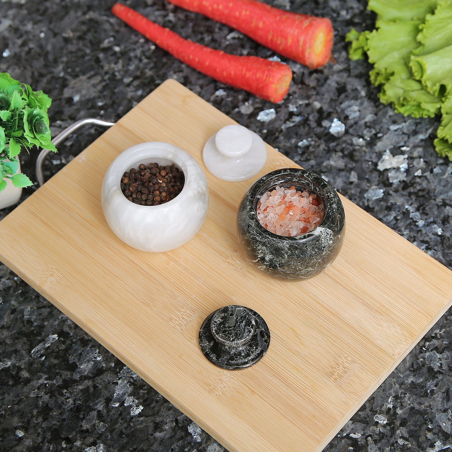 Marble Salt Cellar with Lid- Pack of 2 Marble Salt and Pepper Bowls- Salt Holder with Lid to Put Salt, Paprika, Pepper, and Spice