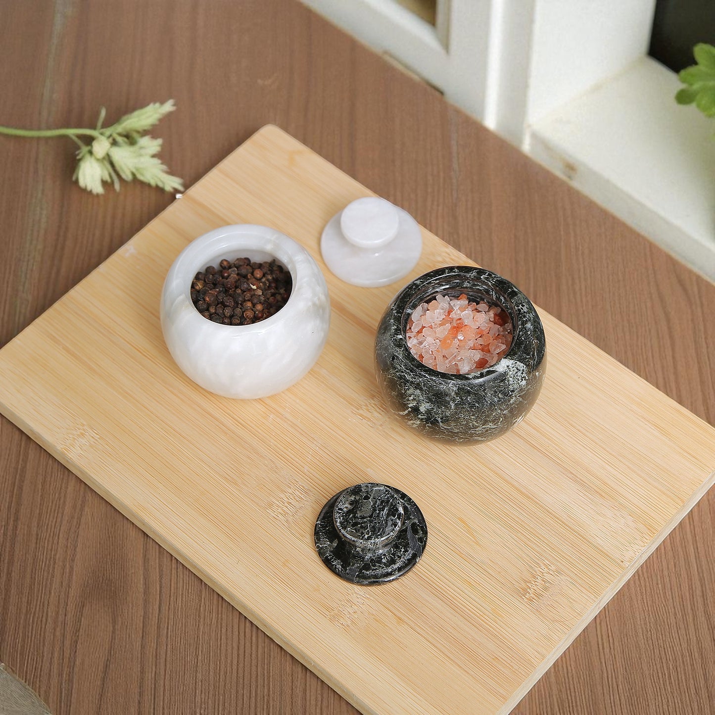 Marble Salt Cellar with Lid- Pack of 2 White and Black Zebra