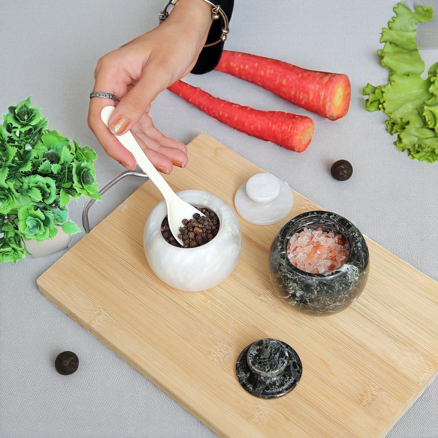 Marble Salt Cellar with Lid- Pack of 2 White and Black Zebra