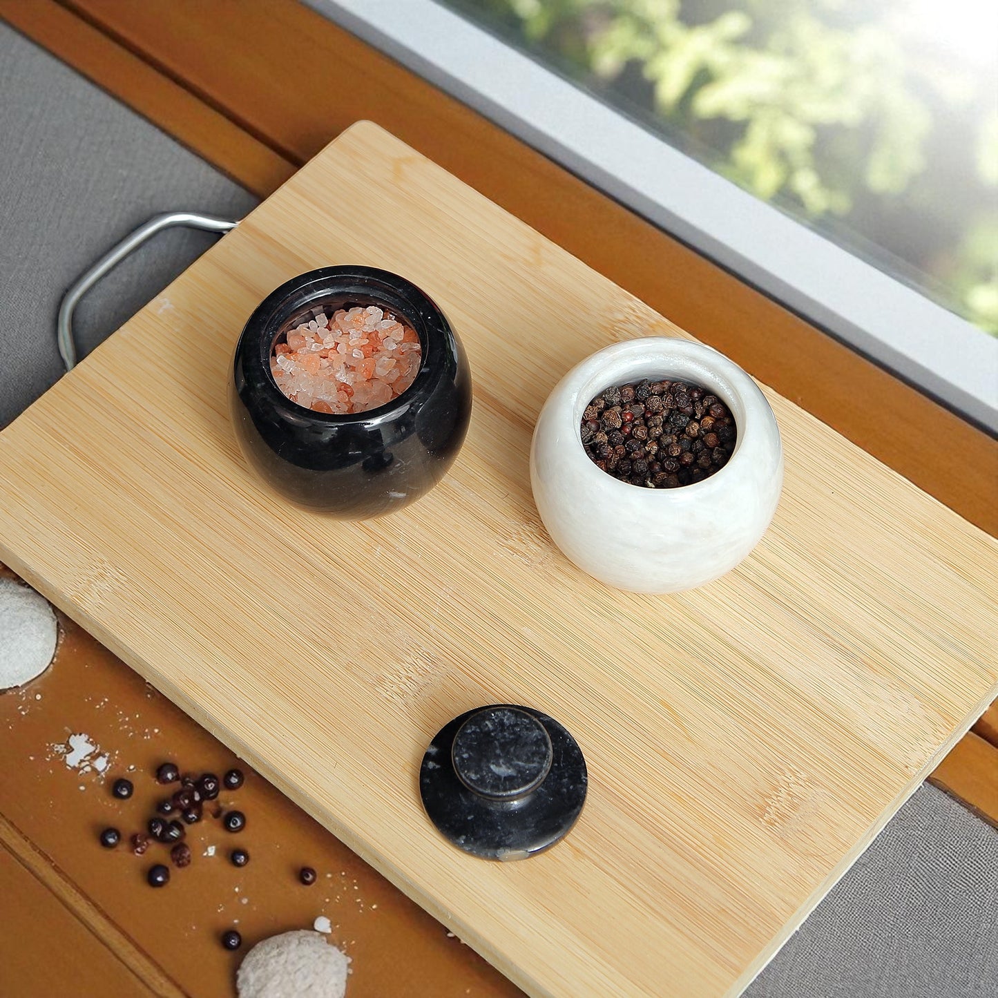 Marble Salt Cellar with Lid- Pack of 2 White and Black