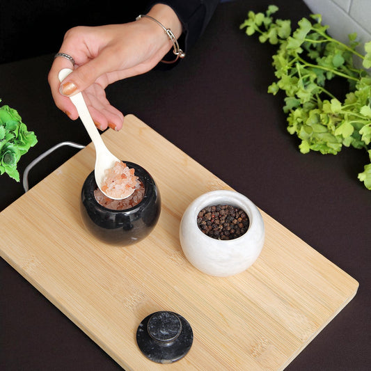 Marble Salt Cellar with Lid- Pack of 2 White and Black