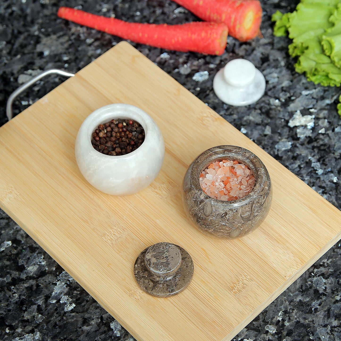 Marble Salt Cellar with Lid- Pack of 2 Marble Salt and Pepper Bowls- Salt Holder with Lid to Put Salt, Paprika, Pepper, and Spice