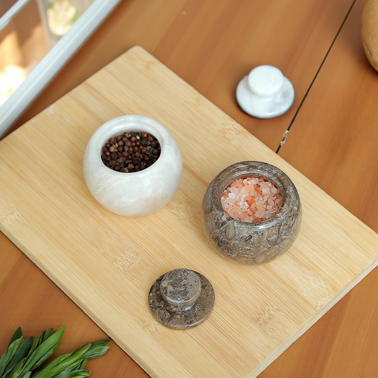 Marble Salt Cellar with Lid- Pack of 2 White and Grey